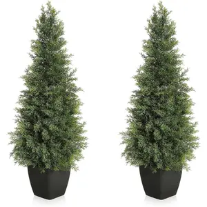 2 Pack 5FT Artificial Cedar Topiary Trees, UV Resistant Bushes Potted Pine Trees for Front Porch Garden, Faux Shrubs Plants