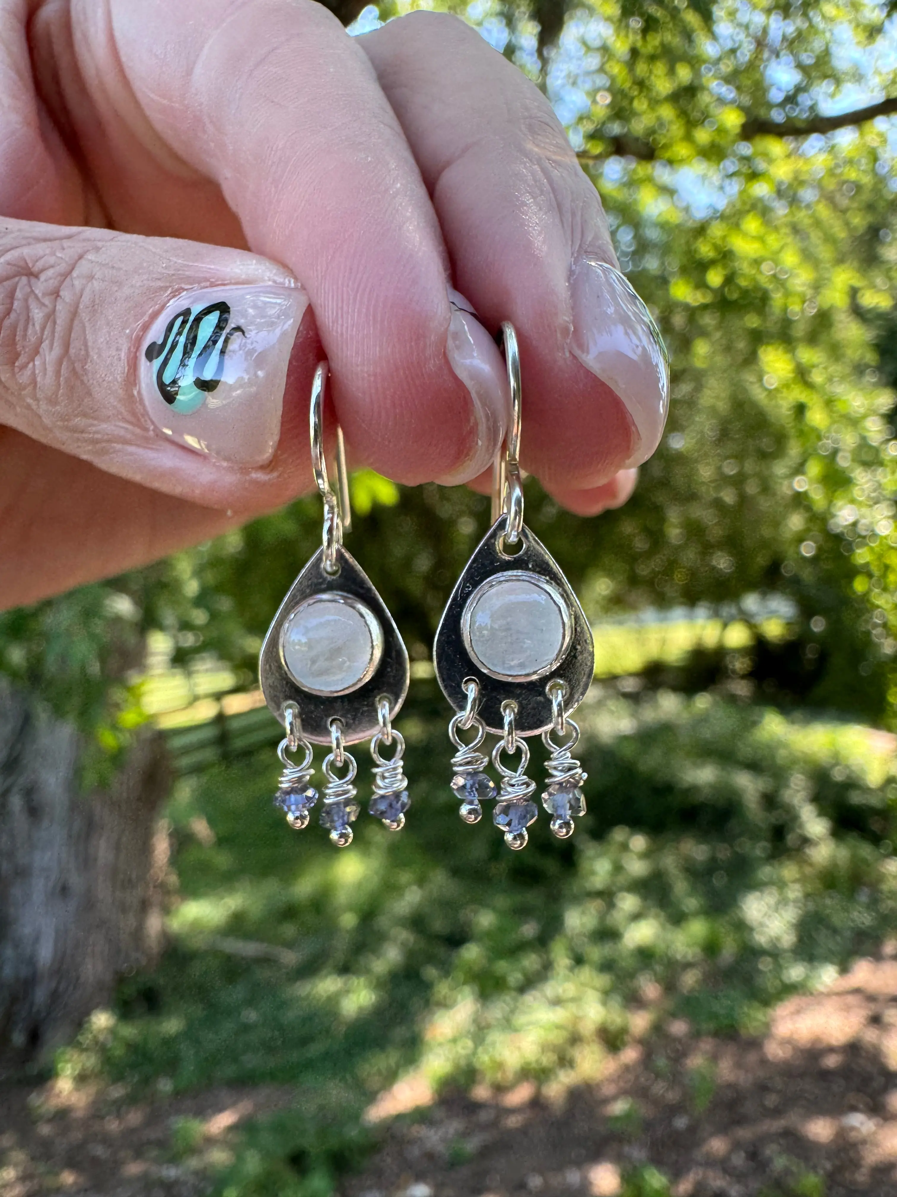 Teardrop Earrings with Rainbow Moonstone and Sapphire