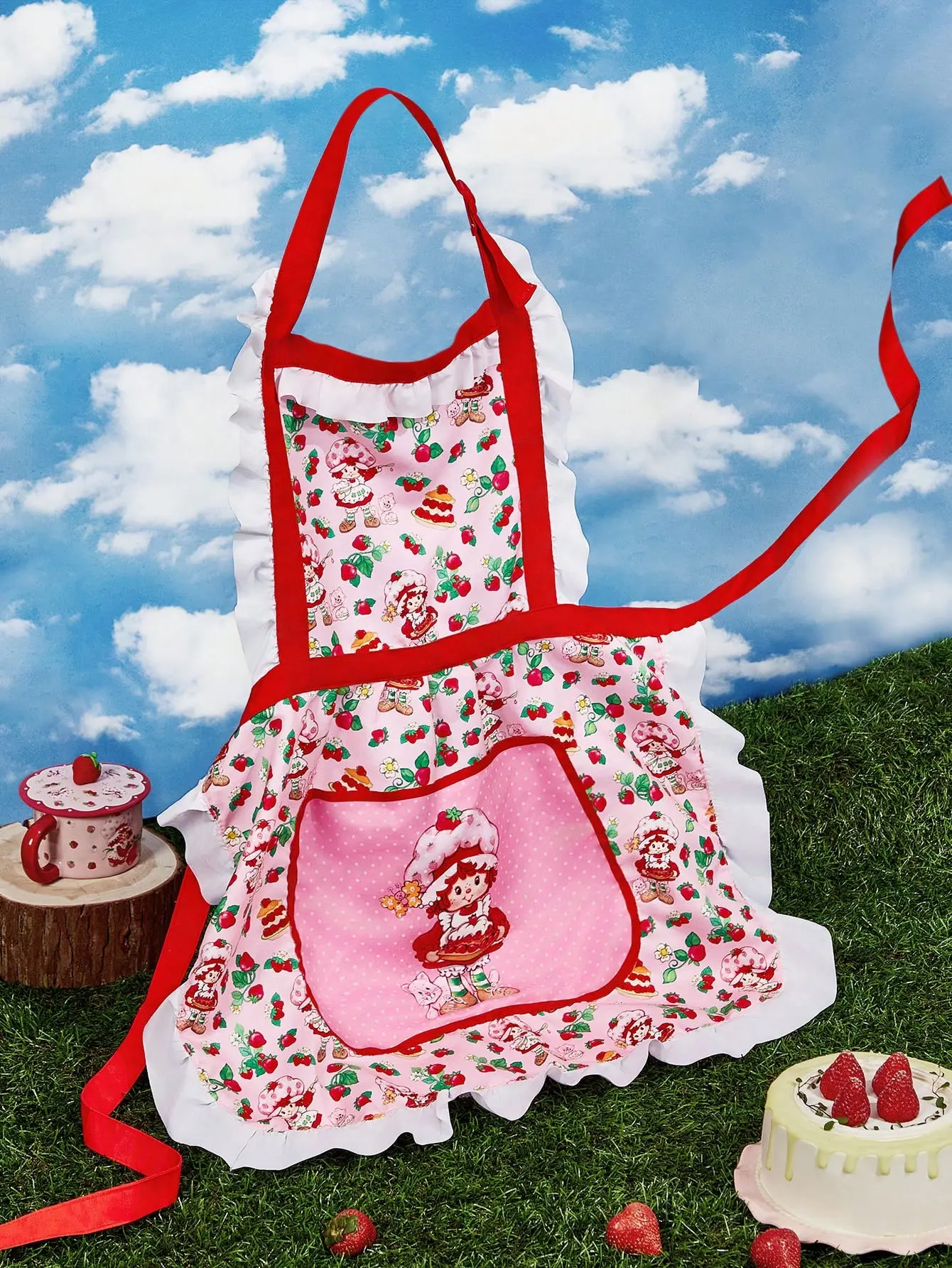 Cute Strawberry Shortcake Character Print Apron - 1pc, Ruffle Trim, Adjustable, Lightweight, Durable, Household Kitchen Essential, Ideal for Girls, Perfect Gift Idea, Suitable for Garden Use, Bathroom Compatible