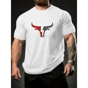 Two Tone Bull Head Graphic Tee Mens Short Sleeve Crewneck Workout Gym Streetwear Casual Soft Cotton T Shirt For Training Lifting Everyday Wear