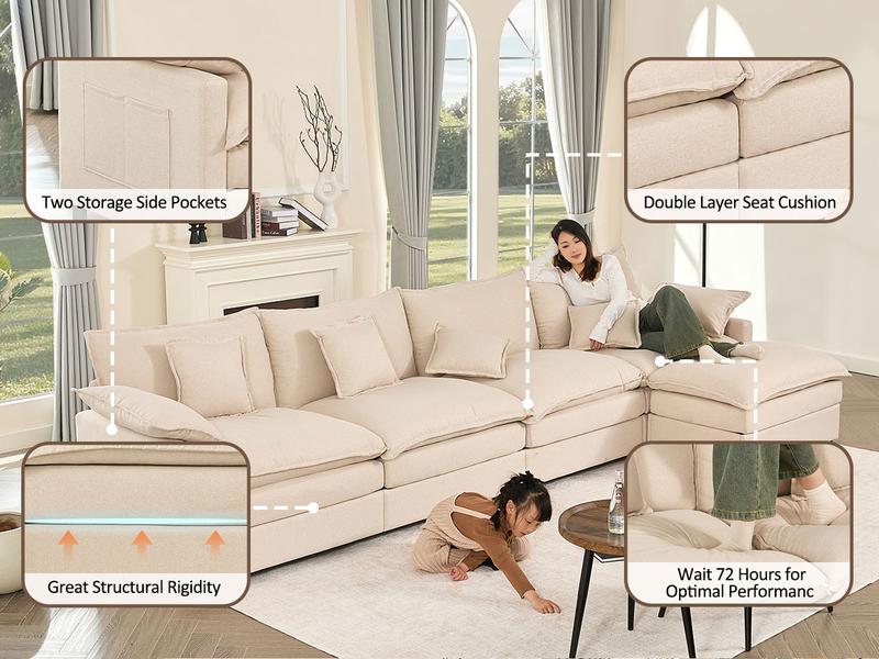 【2 Packages Shipping】GOSUHI 108" U-Shaped Modular Sectional Sofa - Comfy Cloud 3-Seater with 2 Movable Ottoman, TikTokShopBlackFriday,Deep Seat Linen Couch for Living Room, Beige Color ,Comfort & Stylish Design