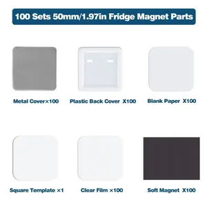 100 Sets Square Fridge Magnet -Shaped Button Maker Machine 50mm, Including Metal Cover, Plastic Back Cover, Clear Film, Blank Paper, Soft Magnet