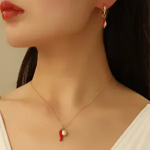 Red Chili Pepper Pearl Necklace & Earrings Set Everyday Workwear