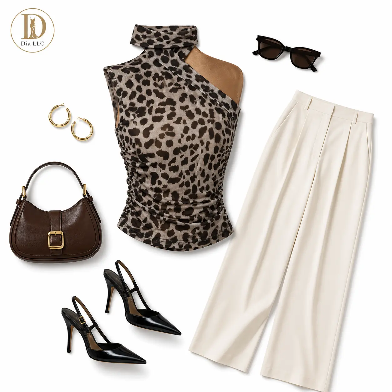 Dia LLC Women’s Leopard Print Asymmetric Scarf Neck Top, Ruched Sleeveless Slim Fit Stretch Mesh Going Out Y2K Party Top