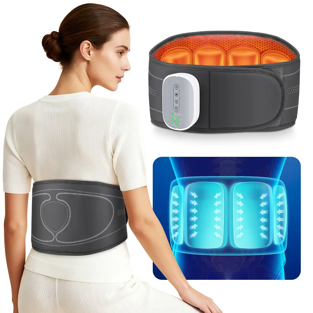 Cordless Airbag Lumbar Massage Belt, 3 Massage Modes 4 Air Pressure Levels & 4 Heat Settings, 4 Vertical Air Compression Cushions, 2000mAh Rechargeable Lower Back Massager with 15-Min Auto Shutoff & Adjustable Strap for Muscle Fatigue Relief