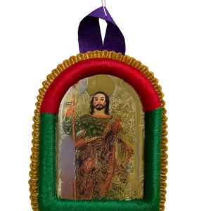 Peruvian Detente Señor de los Milagros and San Judas Tadeo Various Sizes with Colorful Border and Purple Ribbon Decor Religious