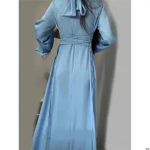 Women sStandCollarFlareSleeveBeltedLongArabicStyleDress