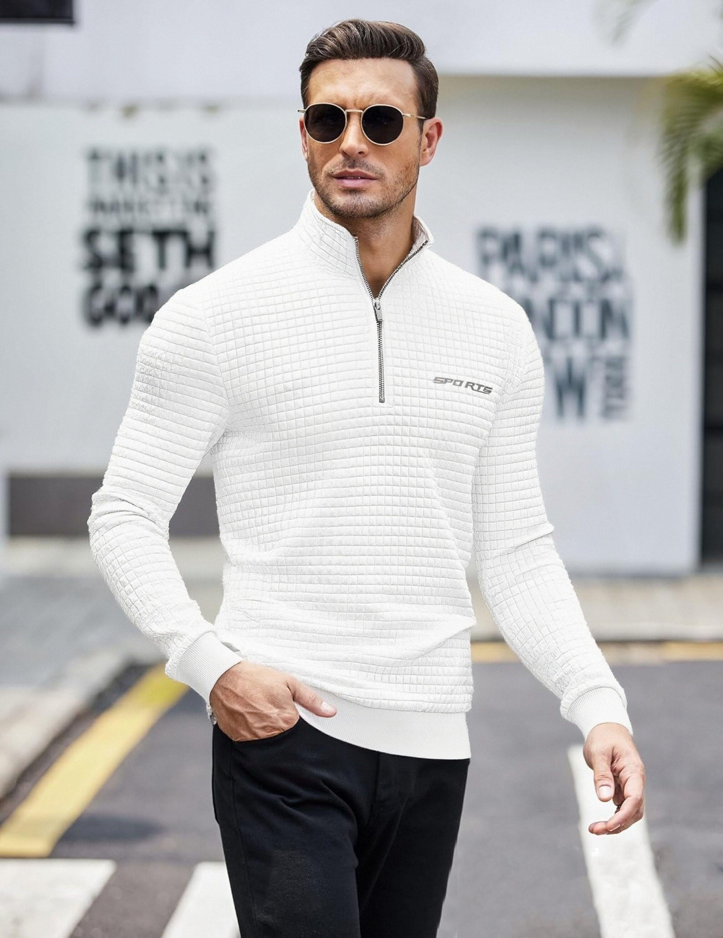 Men'S High-Neck Sweatshirt with Half Zipper for Sports, Featuring a Small Checkered Pattern, Suitable for Fitness And Running, with Long Sleeves And Ribbed Cuffs. quarter zip tiktok shop gifts for him vacation outfits