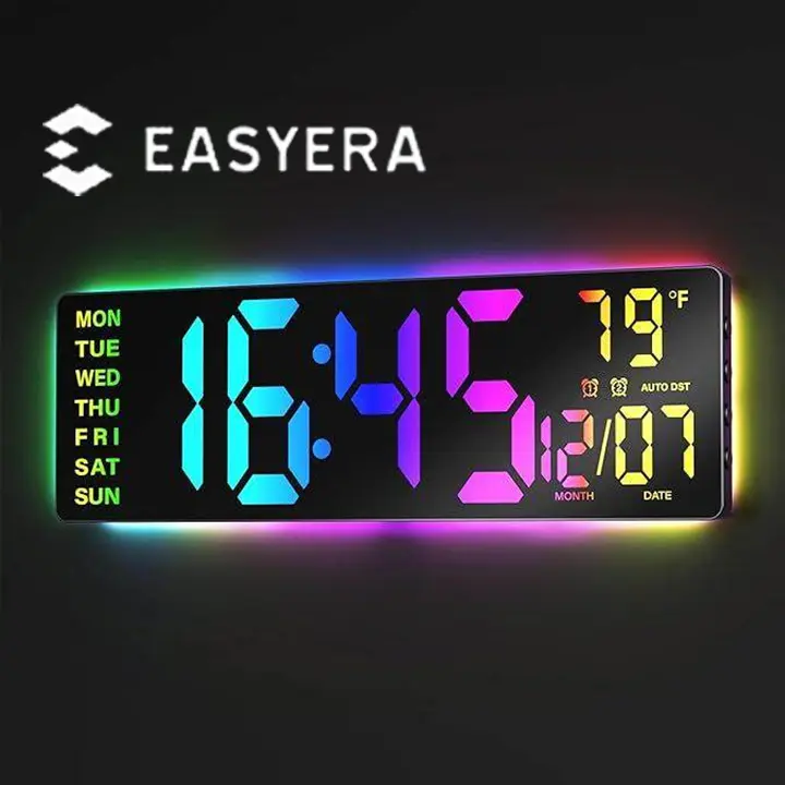 <Backtoschool>EASYERA 16.5" Large RGB Digital Wall Clock with Remote Control RGB Atmosphere Lights 11 Scenes Dual Alarms LED Display for Livingroom Classroom, Office, Game, Craft Room, Game-Changer for Seniors & Elderly, Grey & Kids