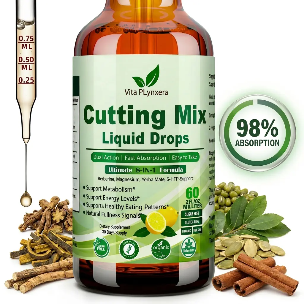 Vita PLynxera Cutting Mix Drink Liquid Drops, 8-in-1  Drink Mix Magnesium Berberine Yerba Mate Chromium FOS & 5-HTP for Energy Satiety Signaling & Gut Health, Lemon Flavor 30 Servings