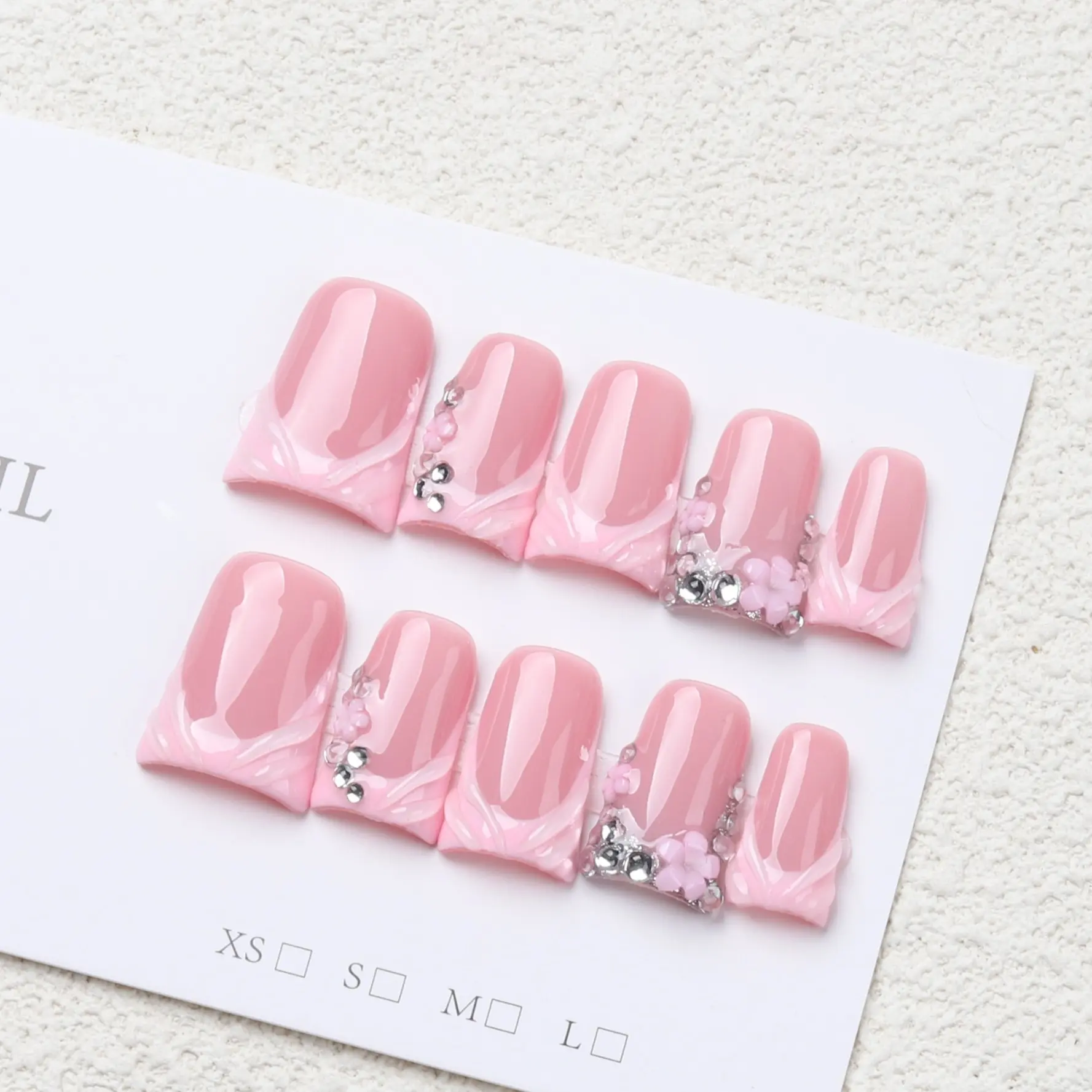 10 Piece Y2K Duckbill French False Nails Set, Reusable Handmade Fake Nails Acrylic with Rhinestones, Perfect Gift for Women and Girls