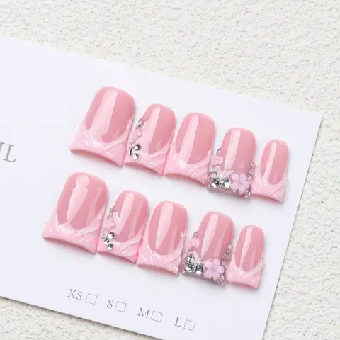 10 Piece Y2K Duckbill French False Nails Set, Reusable Handmade Fake Nails Acrylic with Rhinestones, Perfect Gift for Women and Girls, Decorative Nails