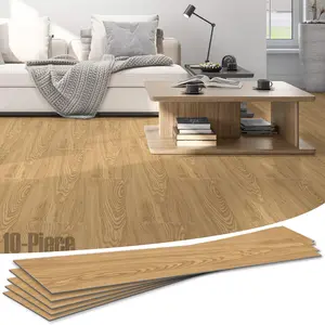 Soundbox Noise Reducing Floor Mats 10PCS, Quiet Wood Grain Vinyl Floor Tiles 48x7.3 Inch, Waterproof Anti-Slip Floor Covering, No Glue Easy Lay Installation for Bedroom, Living Room