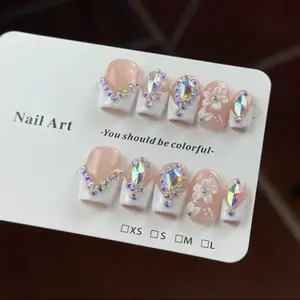 Luxurious Hand-Painted 3D Nail Designs Set of 10, Transparent with Sparkling Diamonds, Perfect for Weddings and Birthdays