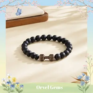 Gym Dumbbell Power Bracelet for Men & Women Natural Stone Crystal Beads Tiger’s Eye Black Onyx Lapis Lazuli Howlite Hematite Men’s Fitness Jewelry Lift Bracelet Gift Strength Protection Balance