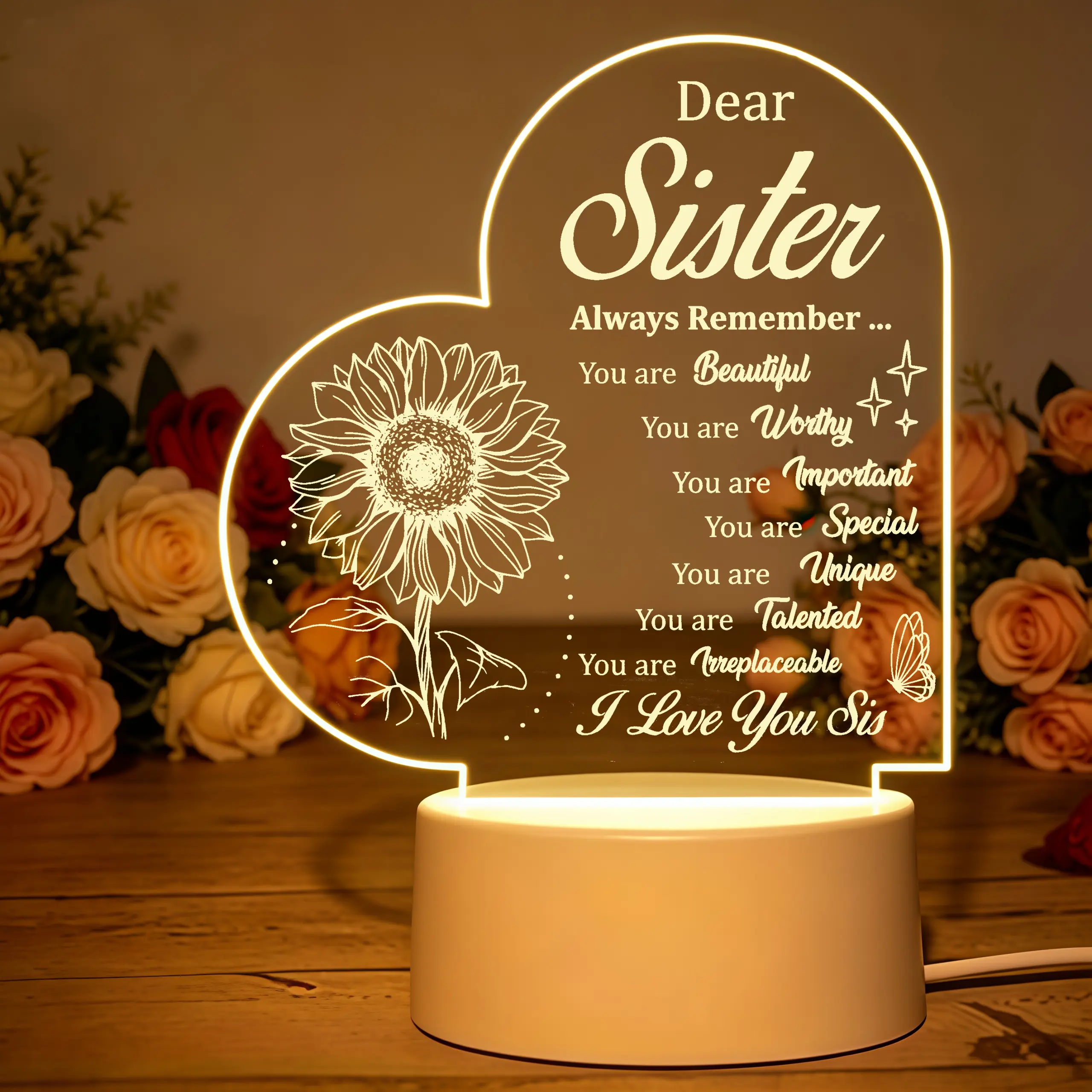 Engraved Heart-Shaped Sunflower-Butterfly Quote Warm LED Acrylic Night Light - Ambient Glow Desk Lamp, Indoor Use Ornament Decor, Sentimental Gift for Sister (Birthday, Graduation)
