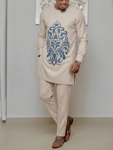 Men's Dashiki Set Muslim Style Round Neck Long Sleeve Print Design Kaftan Kurta African Casual Suit Wedding Holiday Party Business Gift