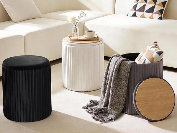 2-Piece Round Storage Ottoman Set - Velvet Vanity Stool with Storage, Green Small Footstool for Bedroom & Living Room, Multi-Use Coffee Table Ottoman, Beige