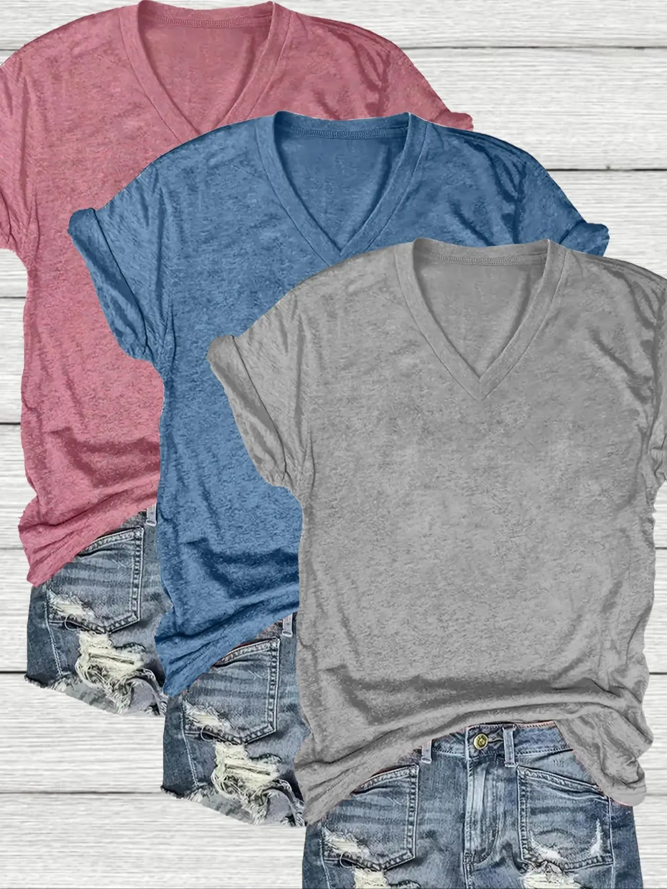 Women's V-Neck Short Sleeve T-Shirt 3-Pack, Basic Casual Fitted Summer Tee, All Seasons Wear, Random Print Design, Plain Surface, No Button or Zipper