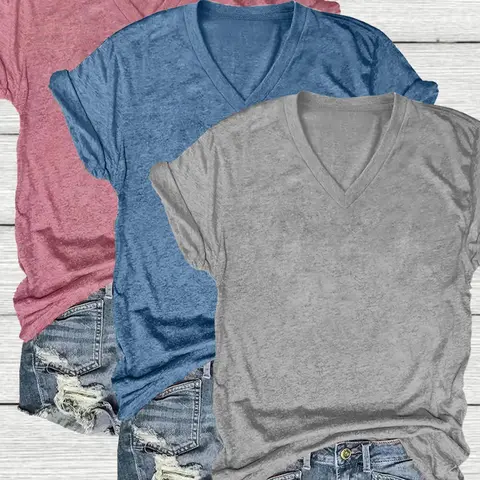 Women's V-Neck Short Sleeve T-Shirt 3-Pack, Basic Casual Fitted Summer Tee, All Seasons Wear, Random Print Design, Plain Surface, No Button or Zipper, Basic T Shirts