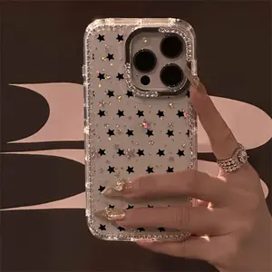 Full-screen Black Star Luxury Rhinestone Fashion Phone Case, Transparent Sparkling Diamond Frame Star Case Anti-drop Case, Suitable for iPhone 17 Pro Max, 17 Air, 16, 15, 14 Plus, 13, 12 Protective Cover. Christmas Gift, New Year Gift