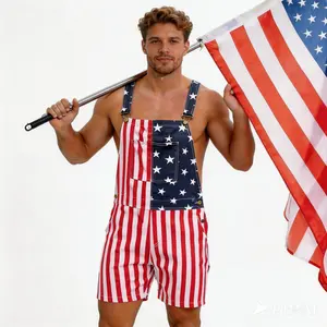 4th July American Flag Romper Denim Overall Shorts forWomen Men Stretchy Comfort Fit Jumpsuit 250thBirthday Party Outfit Patriotic Summer Clothes forCarnival Picnic Independence Day Fireworks