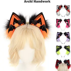 Archi Handwork Halloween Bat Ears Fluffy Headband Faux Fur Animal Fox Wolf Headwear Hairhoop Fursuit Cosplay Performance Props