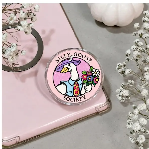 Silly Goose Society Phone Grip, Funny Goose with Flowers MagSafe PopSocket, Cute Pink Meme Phone Socket, Funny Gift for Her