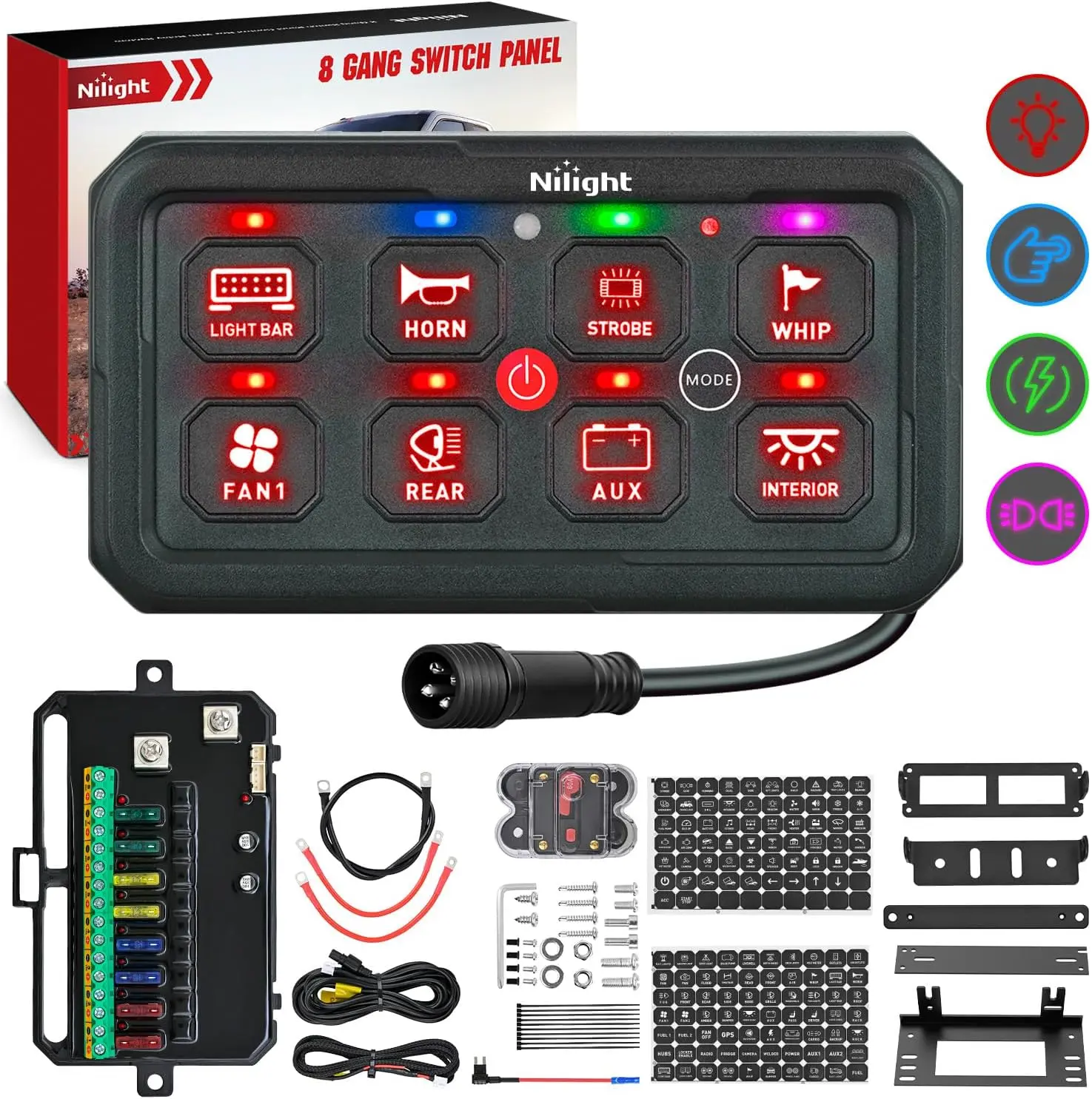 Nilight Waterproof 8-Gang Switch Panel Set - 12-24V DC Red Multi-Mode Relay System, 60A Fuse Wiring Harness, 720W 12V/1440W 24V Capacity, Toggle/Momentary/Strobe Flash Modes, Auto-Dimming Backlit LEDs, 140 Reusable Labels for Compact Vehicles, Campers