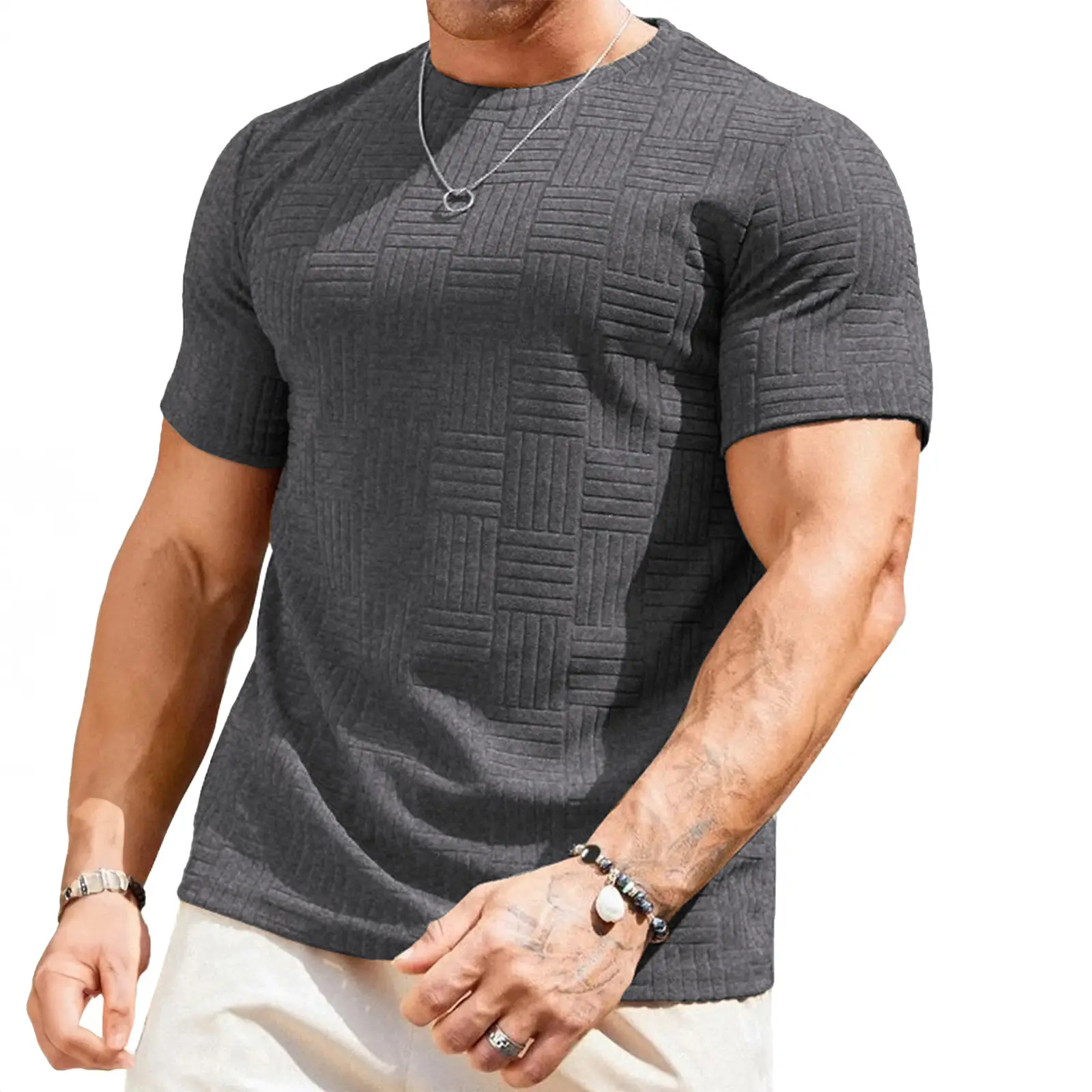 JMIERR Mens T-Shirt Casual Stretch Solid Crewneck Short Sleeve Tees Textured Shirts