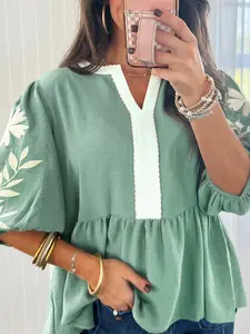 Embroidered Puff Sleeve V Neck Babydoll Blouse for Women, Colorblock Patchwork Casual Top