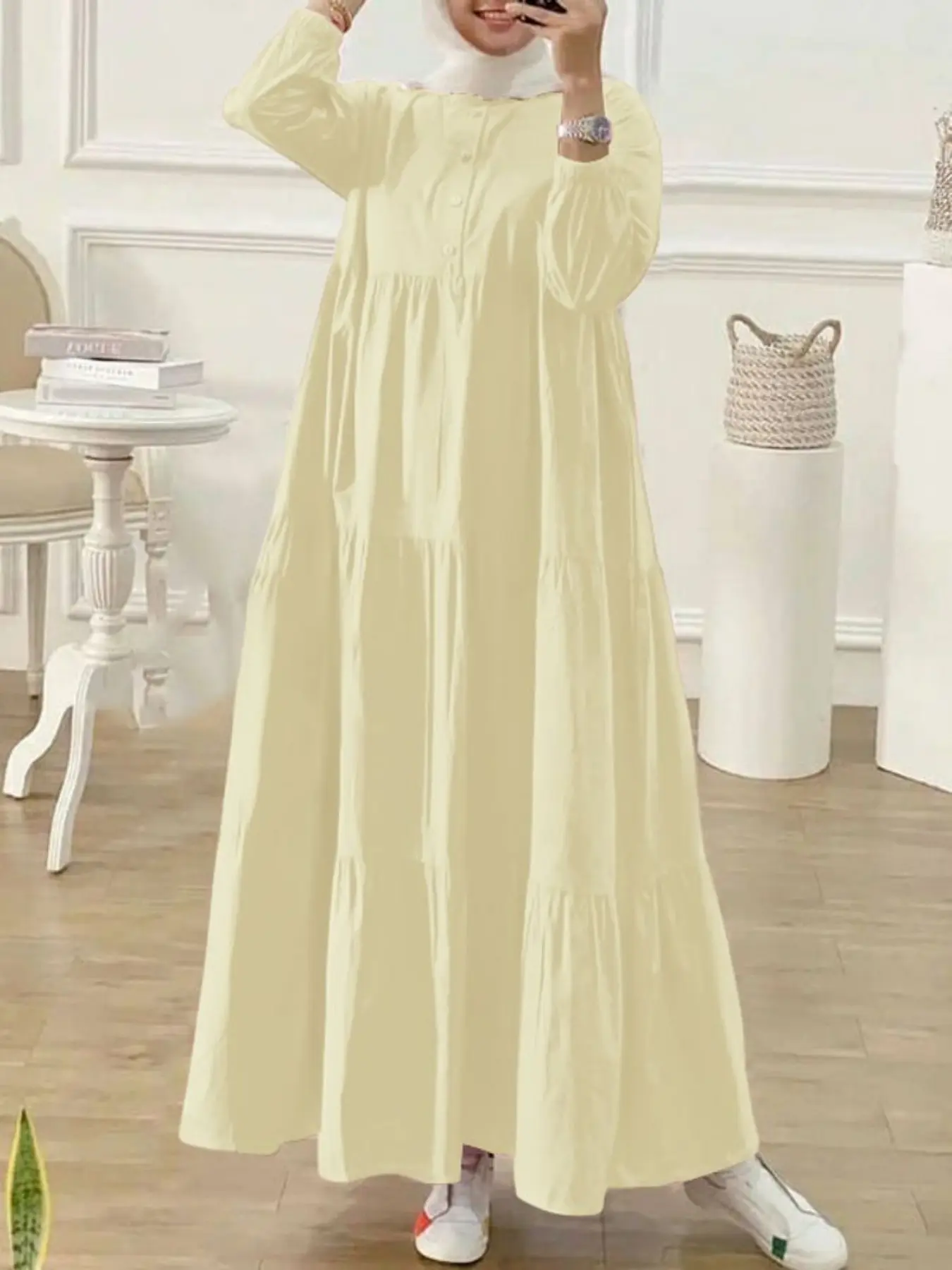 Women's Loose Plain Long Dress, Round Neck Long Sleeve Layered Patchwork Half Button Design, Casual Fitted Daily Wear, Modest Style Dress, Modest Clothes, Muslim Dress, Long Sleeve Dresses, Casual Muslim Clothing