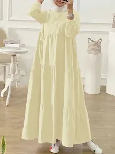 Women's Loose Plain Long Dress, Round Neck Long Sleeve Layered Patchwork Half Button Design, Casual Fitted Daily Wear, Modest Style Dress, Muslim Dress, Long Sleeve Dresses, Casual Muslim Clothing