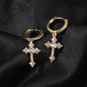 Unisex Brass Cross Drop Earrings - 5A Zircon Minimalist Hiphop Style