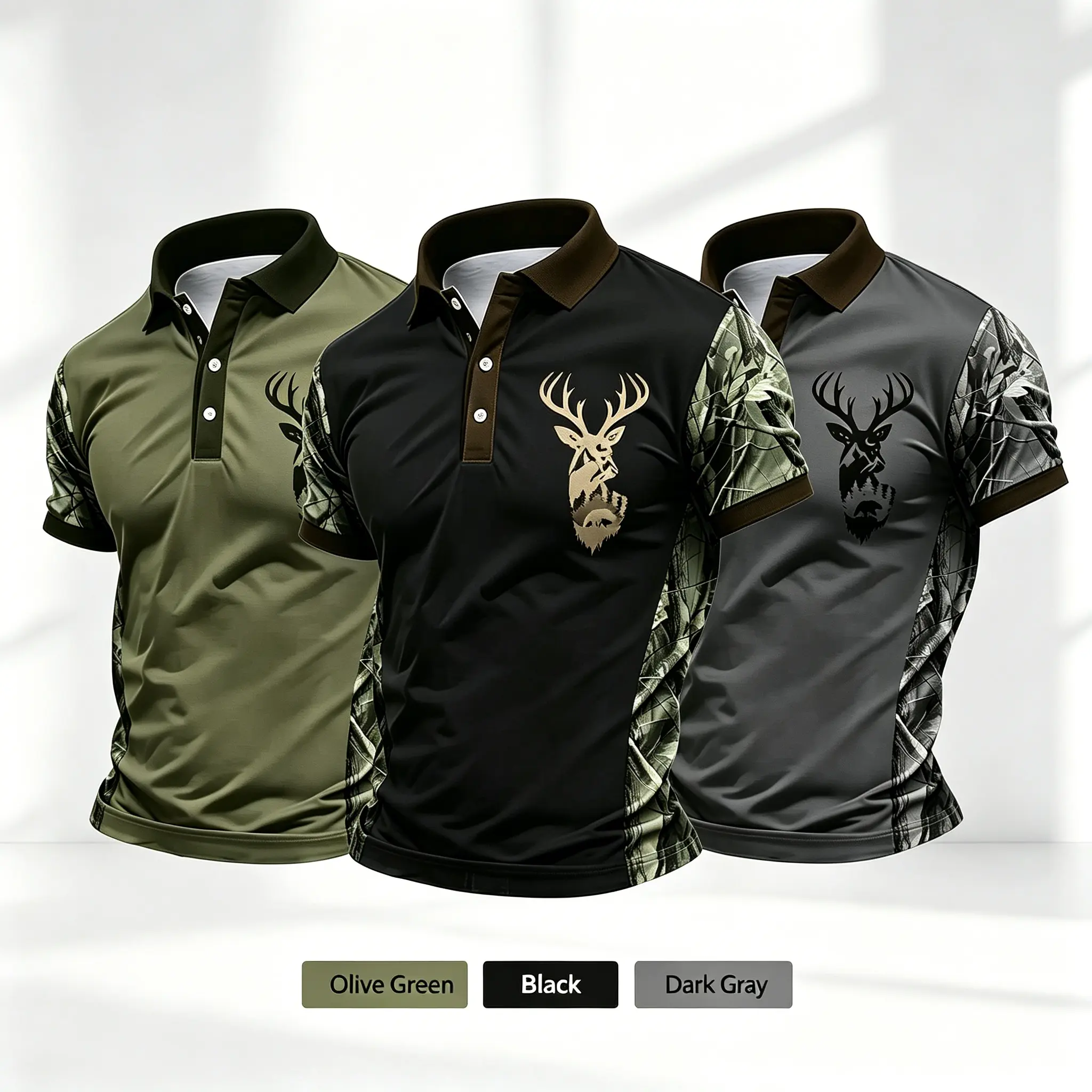Men’s 3D digital print deer head camouflage patchwork polo shirt—versatile short-sleeve button-collar top for everyday wear, multifunctional outdoor hunting, golf, and casual summer outfits.