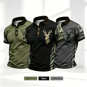 Men’s 3D digital print deer head camouflage patchwork polo shirt—versatile short-sleeve button-collar top for everyday wear, multifunctional outdoor hunting, golf, and casual summer outfits.