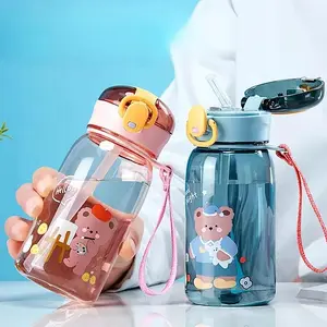 Cartoon Teddy Bear Kids Plastic Cup, Portable School Outdoor Use, with Strap, One-Click Open Lid, BPA-Free Straws for All Seasons