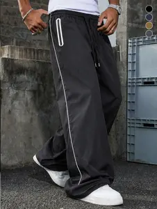 Men’s American retro sports-style wide-leg pants with side stripes—lightweight summer casual trousers with a drapey feel and drawstring; trendy streetwear sweatpants that are lightweight, breathable, cool, and don’t trap sweat; essential for work, workout