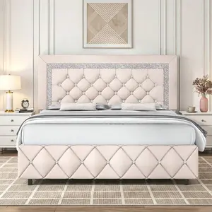 Twin/ Full/ Queen/ King Size Bed Frame, Upholstered Bed Frame With Diamond Headboard And Footboard, Pearl White/ Beige/ Black/ Grey/ Pink/ Purple/ Green