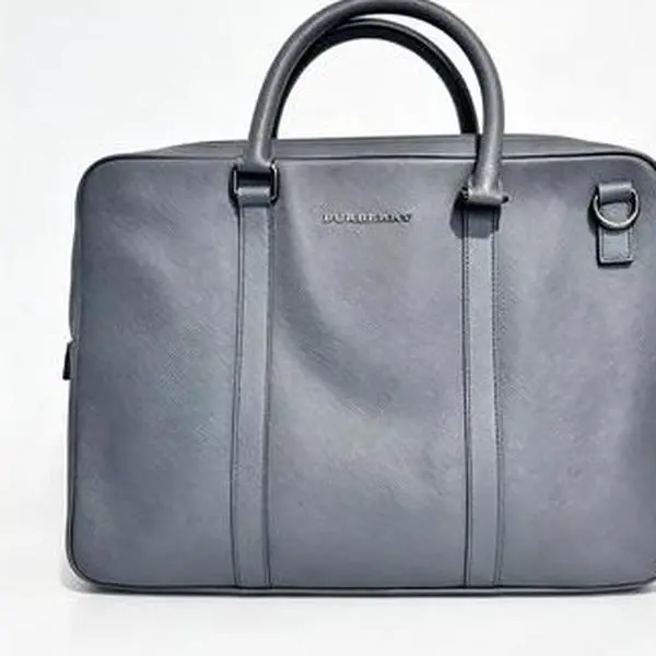 Pre-owned BURBERRY Dark Grey Cross Grain Leather Briefcase Metal Logo Plate Dual Top Handles Detachable Shoulder Strap