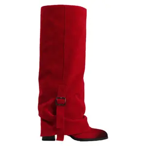 Women's Suede Round-Toe Fold-Over Boots Comfortable Adjustable Buckle Knee High Cowgirl Footwear for Versatile Wear Red Color Onyx Shoe Decor