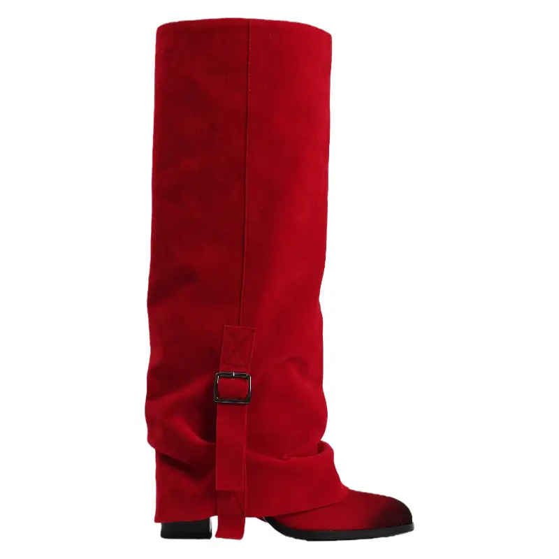Women's Red Suede Round-Toe Fold-Over Knee-High Cowgirl Boots with Adjustable Buckles, Onyx Shoe Decor, Comfortable Versatile Footwear, Design