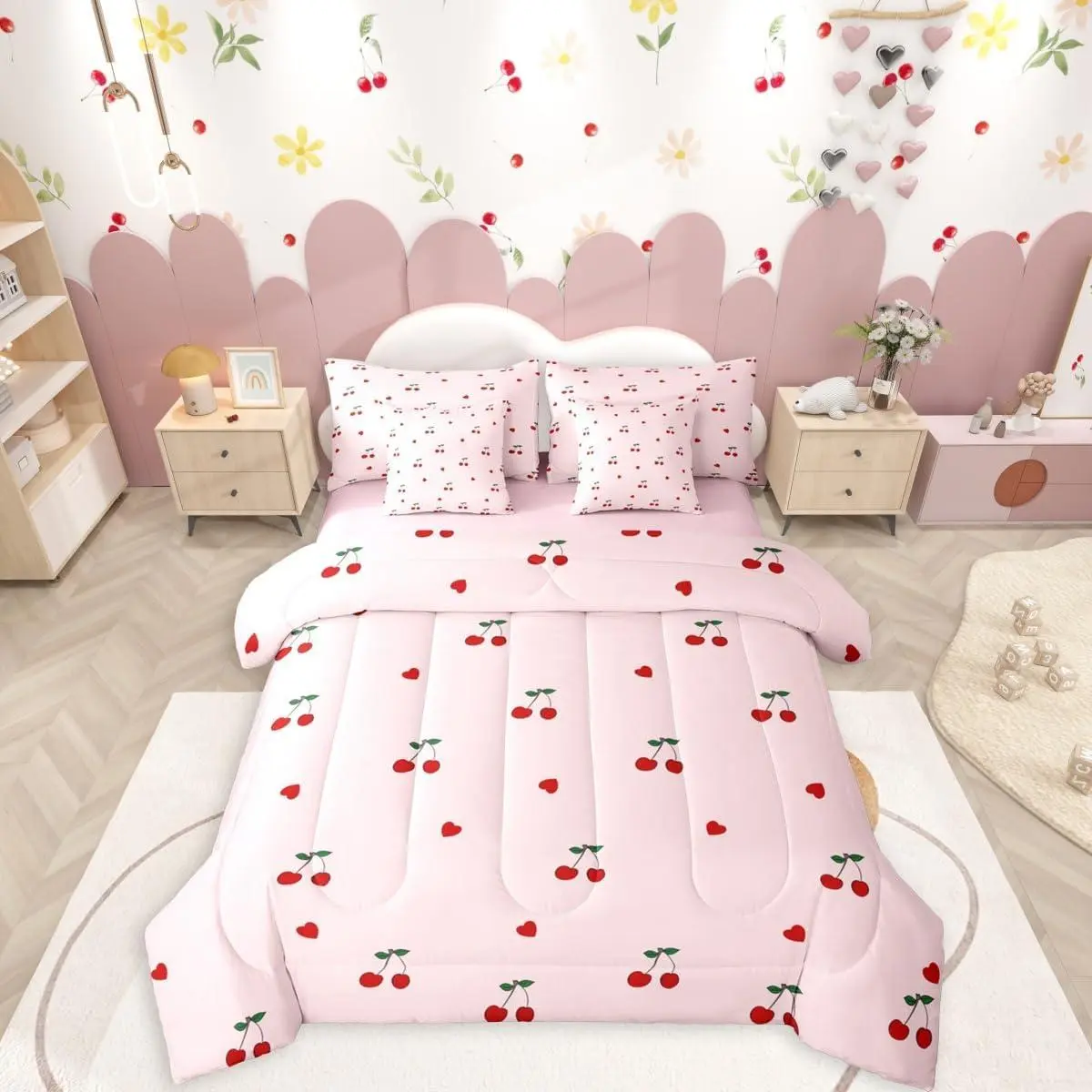 Kids Red Cherry 7 Pieces Bedding Set,Cute Cherry Pattern Bed in a Bag,Yummy Fruit Love Hearts Bed Set,Includes Comforter,Sheet Set,Pillowcases & Pillow Covers,Pink Red Bedroom Decor