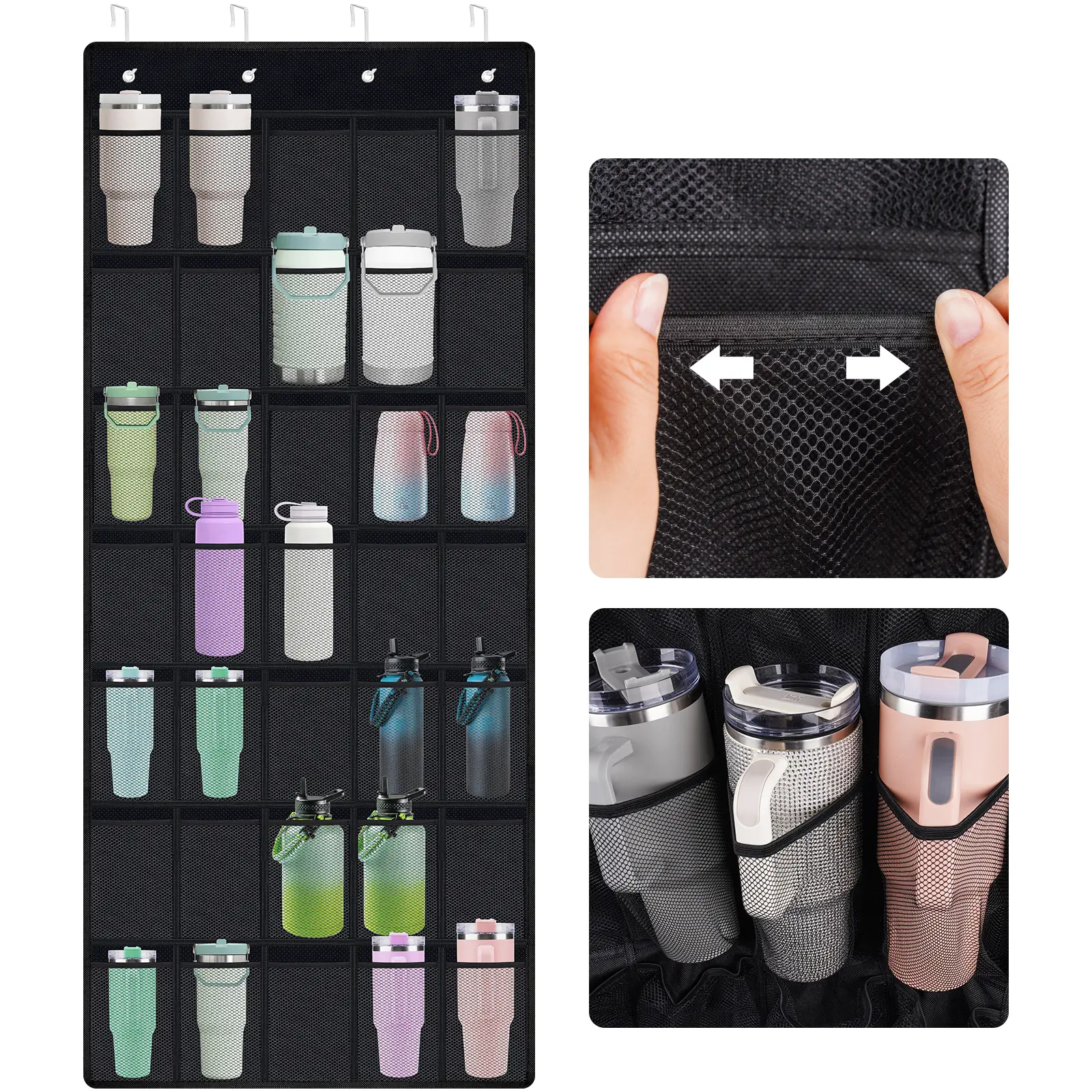 NiHome Multi-Functional 35 Pockets Door Hanging Organizer Fits for Stanley Tumbler, Large Capacity Elastic Mesh Secure Storage Cup Holder,for Home Hangable