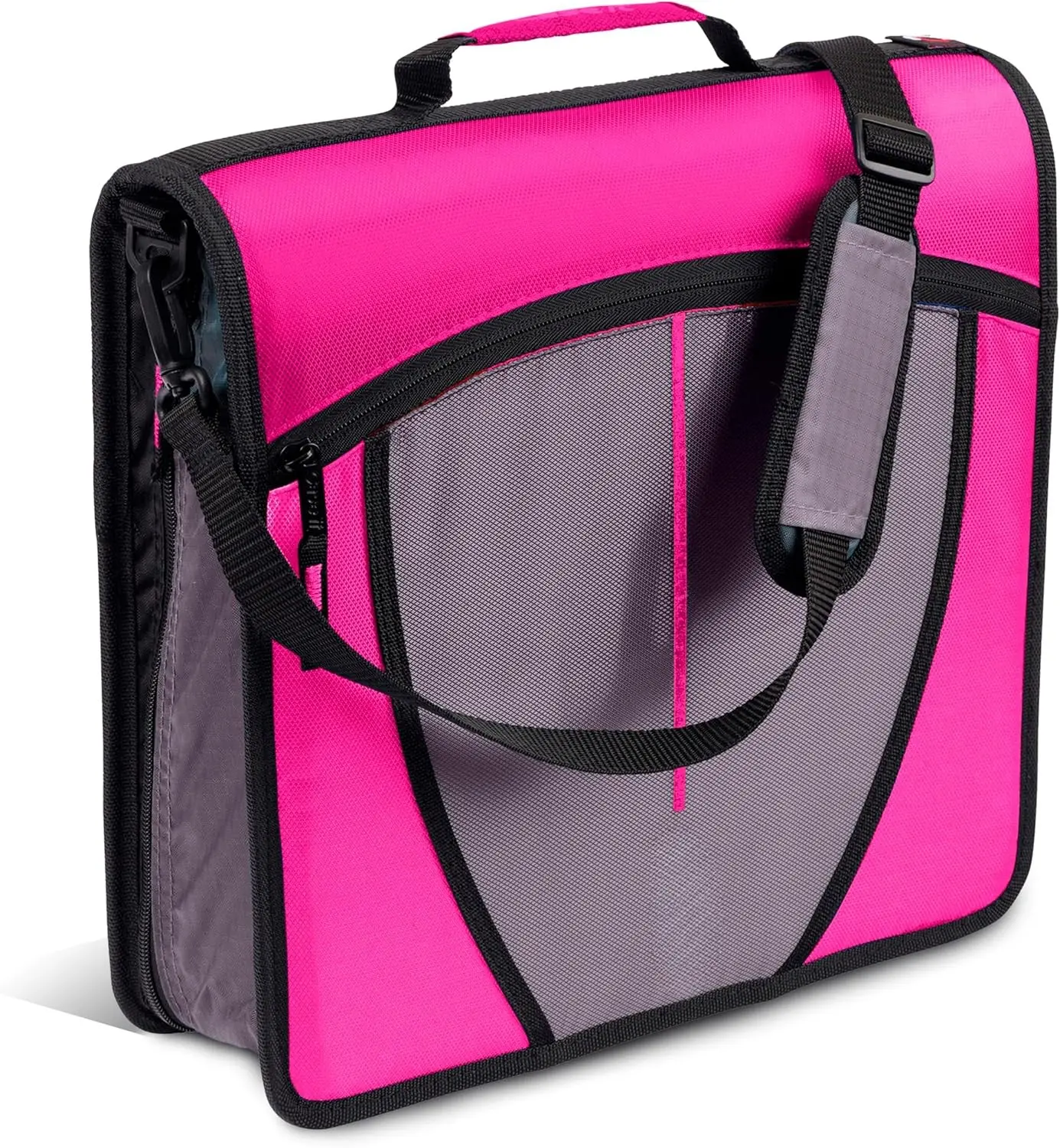 3-Inch Zipper Binder with Shoulder Strap, 600-Sheet Capacity Ring Binder with 5-Subject Expanding File Folder and Storage Pockets, Magenta