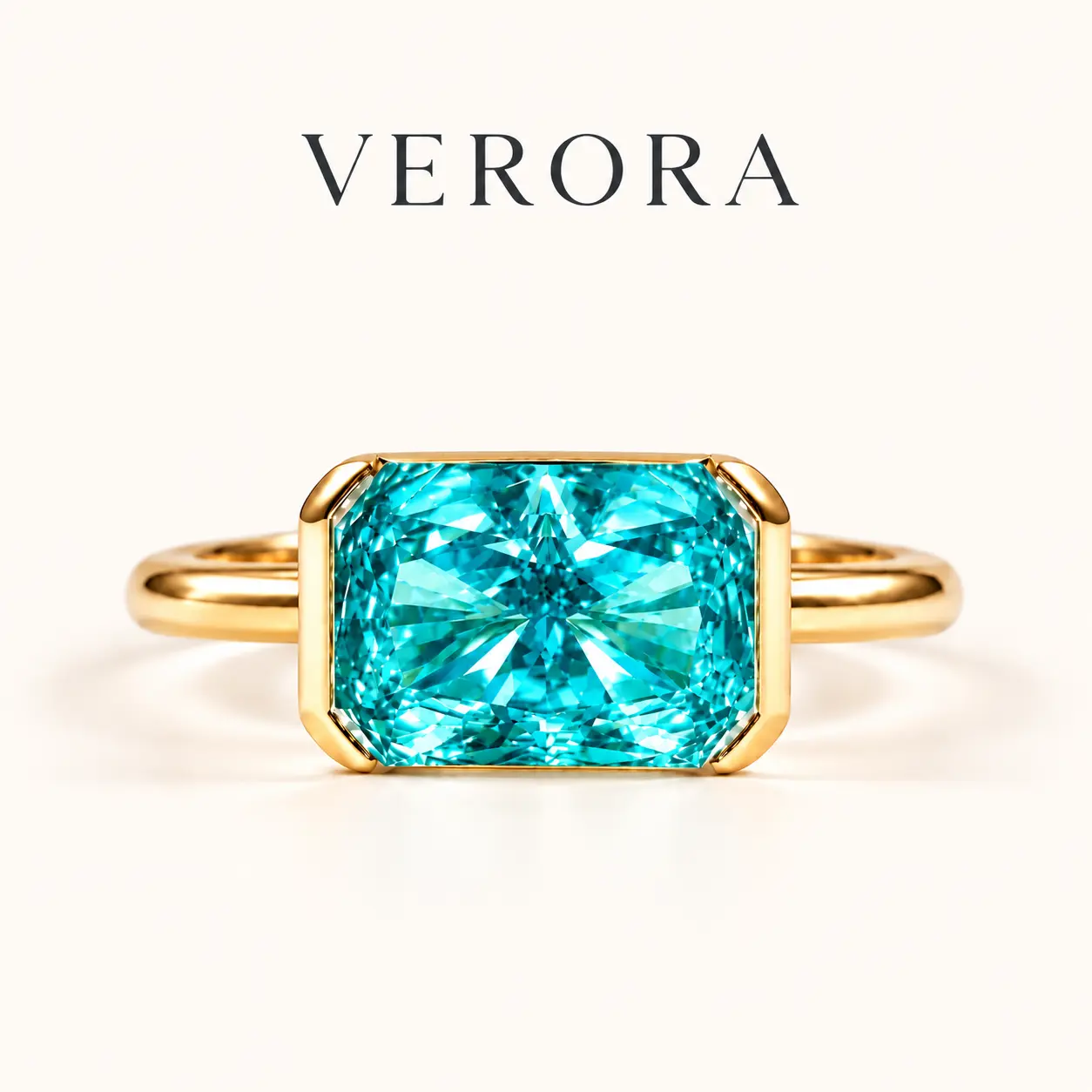 Adults' 4CT 5A Rectangular Radiant Cut Solitaire Ring, East-West Bezel Setting, Gold-Plated Waterproof Non-Tarnish Jewelry, Anti-Snag Hypoallergenic, Paraiba Teal & Ocean Blue & Clear, Elegant Everyday Exquisite Trendy Ring Stack