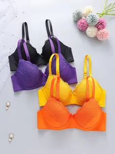 Women's Sexy Lace Push-Up Bra Set, 4-Piece Combination, Underwire, Buckle, Comfortable Breathable Daily Underwear, Medium Support, Slim-Fit