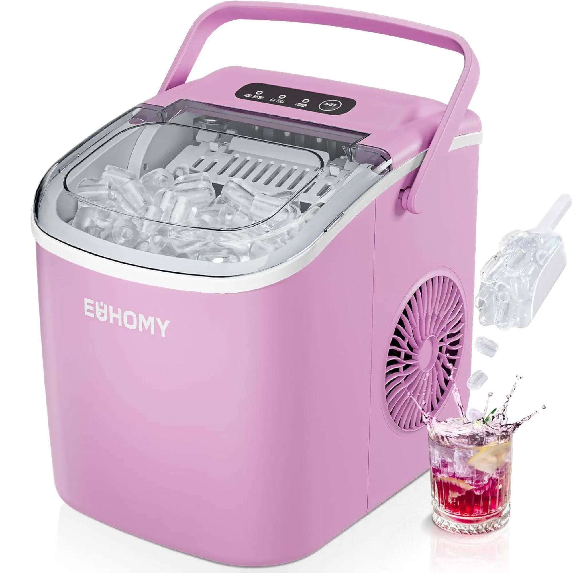 Euhomy Portable Ice Maker with Handle, 26lbs Ice per Day, Auto-Cleaning Function, 1.2L Water Tank, 1.3lbs Ice at a Time, Compact Design