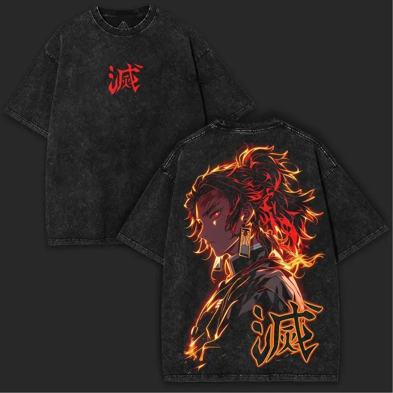 Women's Thick Yoriichi Tsugikuni Demon Slayer Oversized Washed Vintage Streetwear Short-Sleeve Round Neck Cotton T-Shirt - Sun Breathing Flame Print Graphic Shirt for Anime Collectors, Statement, Tee, Top, Tshirt