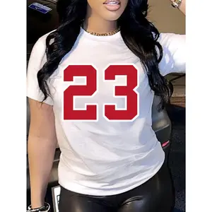 23 Letter Print Short Sleeve Crew Neck T-shirt, Casual Top for Summer & Spring, Women's Clothing Style Piece